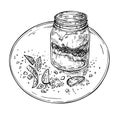 Sketch Granola Parfait with Yogurt. Oat granola, strawberry and mint leaves in glass jar.